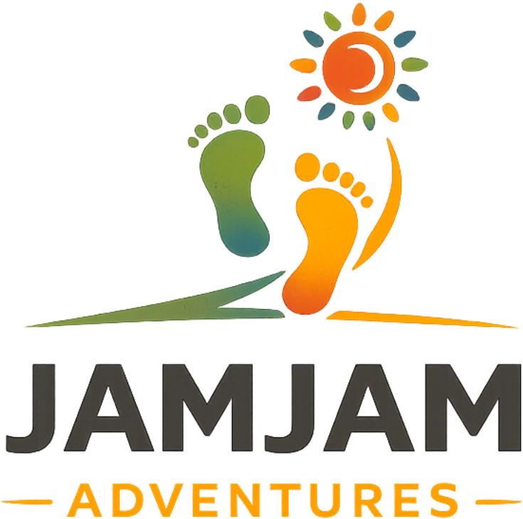 JamJam Adventures logo with warm sun and green hills